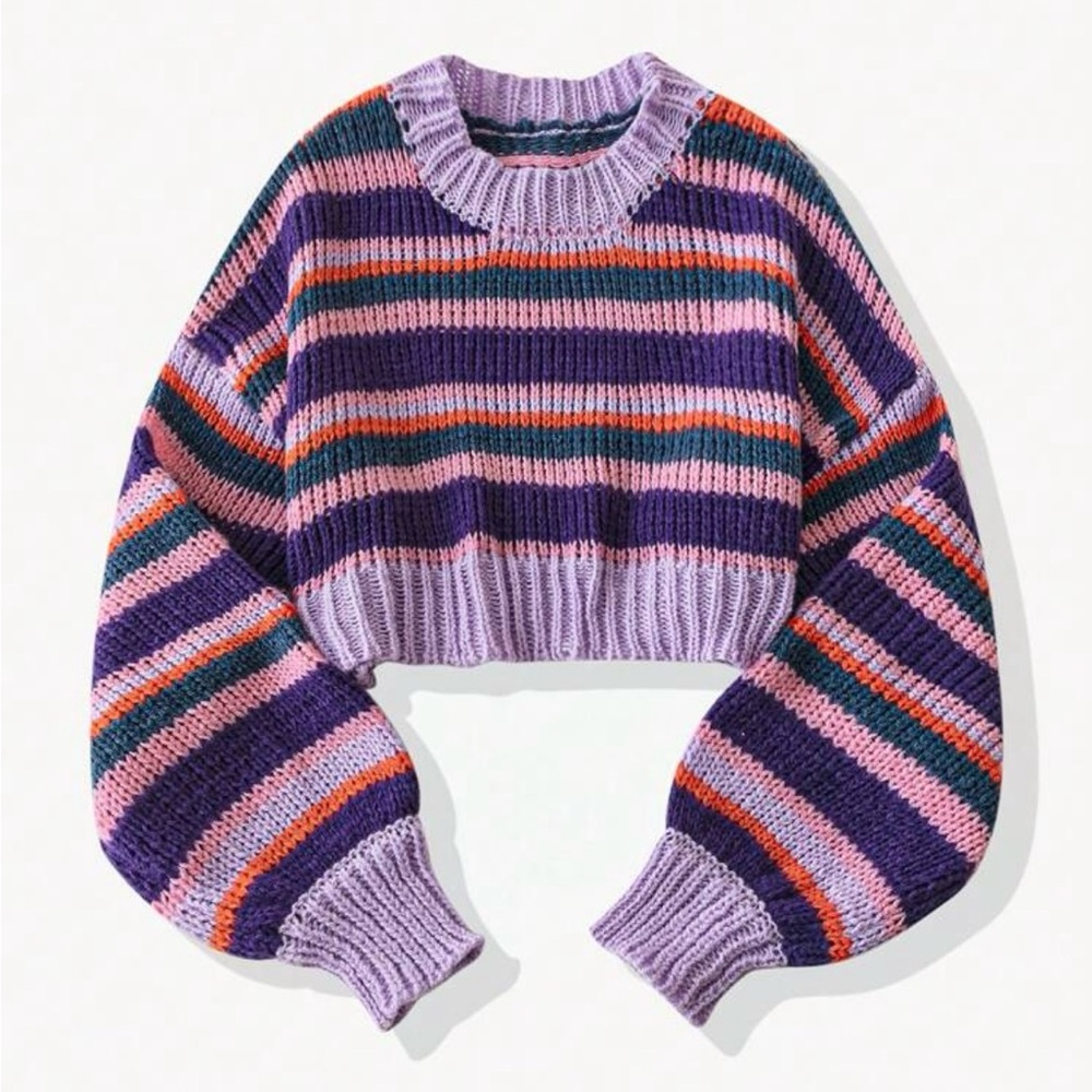 Purple and Pink Crew Neck Striped Sweater